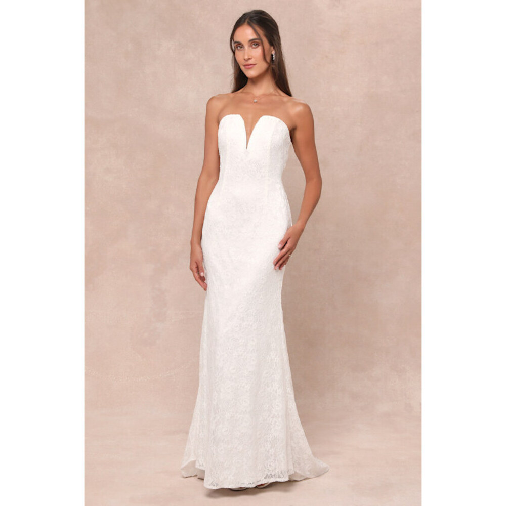 NWT lulu’s Gorgeous Love White Lace Strapless Mermaid Maxi Dress